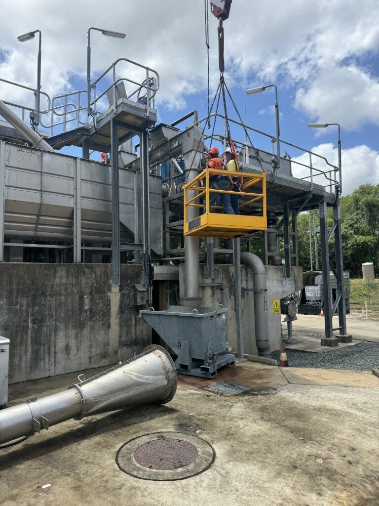 Refurbished inlet screen basket prepared for installation at Proserpine wastewater facility.